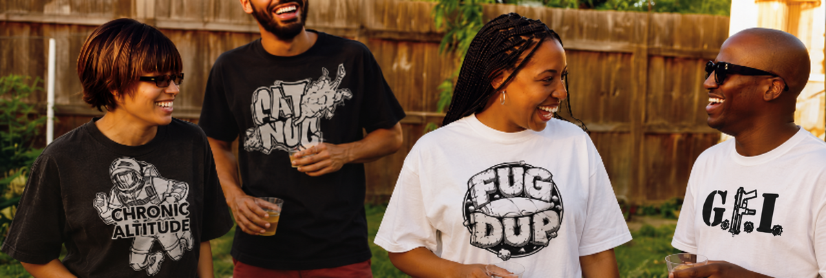 Friends of mixed ages laughing in a sunny backyard, each wearing a graphic-print Cannabis Club 454 tee
